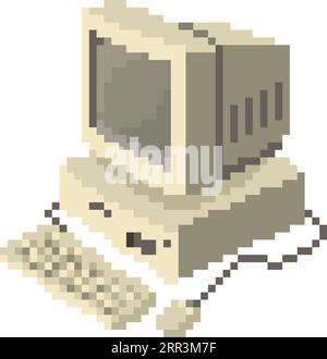 Pixel Art Retro-PC. Vintage-cpu mit analogem Monitor, Tastatur und Maus Stock Vektor