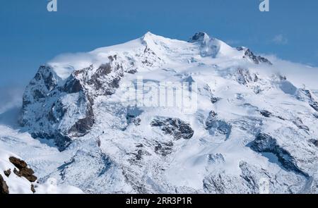 Blick auf den Monte Rosa vom Gornergrat, Zermatt, Kanton Wallis, Schweiz. Stockfoto