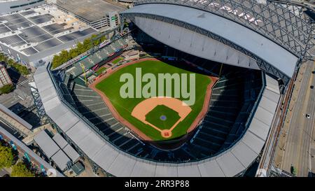 Seattle, WA, USA. September 2023. September 2023-Seattle, WA: Aerial View of T-Mobile Park, Heimstadion der Major League Baseballs, Seattle Mariners. (Bild: © Walter G Arce SR Grindstone Medi/ASP) NUR REDAKTIONELLE VERWENDUNG! Nicht für kommerzielle ZWECKE! Stockfoto