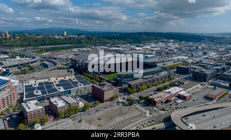 Seattle, WA, USA. September 2023. September 2023-Seattle, WA: Aerial View of T-Mobile Park, Heimstadion der Major League Baseballs, Seattle Mariners. (Bild: © Walter G Arce SR Grindstone Medi/ASP) NUR REDAKTIONELLE VERWENDUNG! Nicht für kommerzielle ZWECKE! Stockfoto