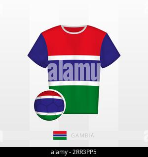 Fußballuniform der gambischen Nationalmannschaft mit Fußball mit Gambia-Flagge. Fußballtrikot und Soccerball mit Flagge. Vektorvorlage. Stock Vektor