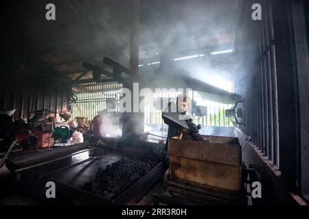 201109 -- KLANG, 9. Nov. 2020 -- Tan Loon Chuan gießt Kaffeebohnen in eine Mixmaschine, nachdem sie in der Chuan Hoe Coffee Factory in Klang im Bundesstaat Selangor, Malaysia, am 6. Nov. 2020 frittiert und abgekühlt wurden. Kopi O, die malaysische Version von schwarzem Kaffee, ist einer der Favoriten der Einheimischen. Die Chuan Hoe Coffee Factory ist eine traditionelle Kaffeefabrik in Klang, die seit über sechs Jahrzehnten Kopi O Pulver herstellt. Es ist eine der wenigen Fabriken in Malaysia, die immer noch darauf bestehen, ihr Kaffeepulver mit der Kohleröstmethode herzustellen. Tan Loon Chuan, 63, ist der dritte Stockfoto