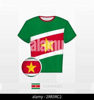 Fußballuniform der Nationalmannschaft von Suriname mit Fußballball mit Flagge von Suriname. Fußballtrikot und Soccerball mit Flagge. Vektorvorlage. Stock Vektor