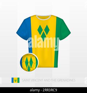 Fußballuniform der Nationalmannschaft von St. Vincent und den Grenadinen mit Fußballball mit der Flagge von St. Vincent und den Grenadinen. Fußballtrikot Stock Vektor