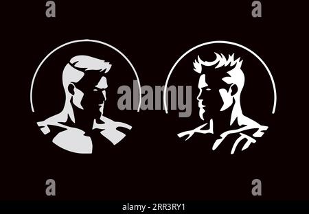 Man-Profilsymbole. Starkes Silhouette-Emblem für Friseurläden, Haarpflege und Friseurlogos. Modernes Design, vielseitiges Konzept, stilisiert, muskulös Stock Vektor