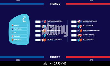 Alle Rugby-Spiele im Pool C, Flaggen der Teilnehmer an internationalen Rugby-Wettbewerben in Frankreich. Vektorillustration. Stock Vektor