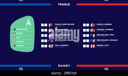 Alle Rugby-Spiele im Pool A, Flaggen der Teilnehmer an internationalen Rugby-Wettbewerben in Frankreich. Vektorillustration. Stock Vektor