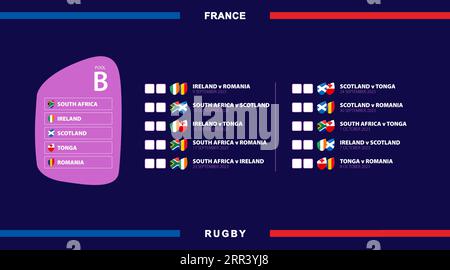 Alle Rugby-Spiele im Pool B, Flaggen der Teilnehmer an internationalen Rugby-Wettbewerben in Frankreich. Vektorillustration. Stock Vektor