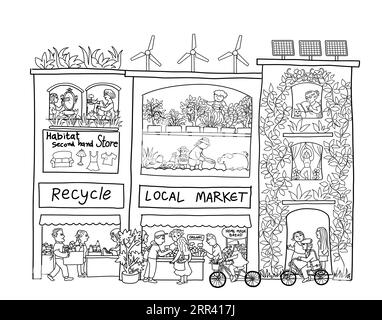 Wunderschönes umweltfreundliches städtisches Leben. Nachhaltiges Energie-Windturbinen- und Solarpaneel-Dachgebäude. Recyceln Sie, lebensraumtaugliche, wiederverwendete Tücher Stockfoto