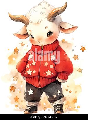 Sternzeichen Steinbock Aquarell Neujahr niedliche Ziegenweihnacht Stock Vektor