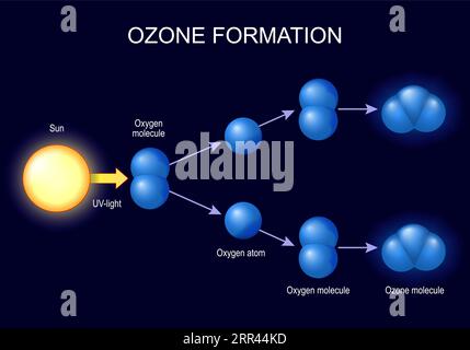 Ozonbildung. Moleküle Ozon- und Sauerstoffatome auf dunklem Hintergrund. Ozon ist eine Form von Sauerstoff, bei der drei Sauerstoffatome miteinander verbunden sind. Vektorillust Stock Vektor