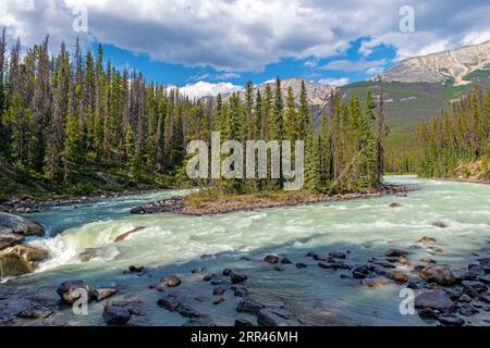 Sunwapta Falls bei Sonnenuntergang mit Athabasca River, Jasper Nationalpark, Alberta, Kanada. Stockfoto