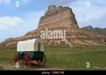 Überdachter Wagen am Scotts Bluff National Monument in Nebraska Stockfoto