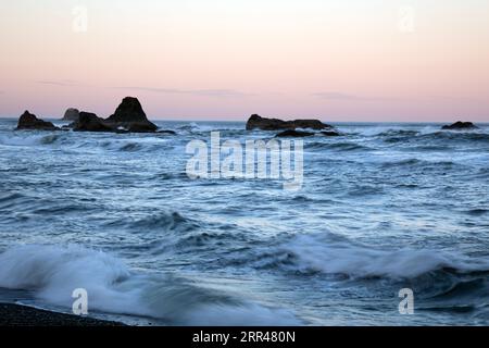 WA23560-00... bei Sonnenaufgang am Ruby Beach im Olympic National Park. Stockfoto