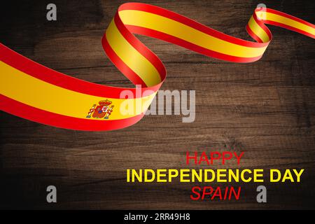 Spanien Nationaltagsbanner für España, Espana oder Espania mit abstraktem, modernem Design. Flagge und Landkarte Spaniens mit Typografie rot-gelbem Farbthema. Stockfoto