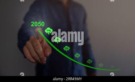 Nettonull bis 2050. CO2-neutral. Ziel für die Nettonullabsetzung der Treibhausgasemissionen.langfristige klimaneutrale Strategie.keine toxischen Gase, CO2-Umsetzung. Stockfoto