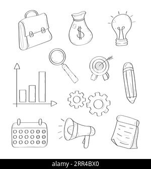 Geschäft, Schreibwaren-Doodle-Vektor-Set. Skizzensymbole Aktenkoffer, Stift, Megaphon, Schema. Dateien Ordner, Lupen Business Signs im Gliederstil. Stock Vektor