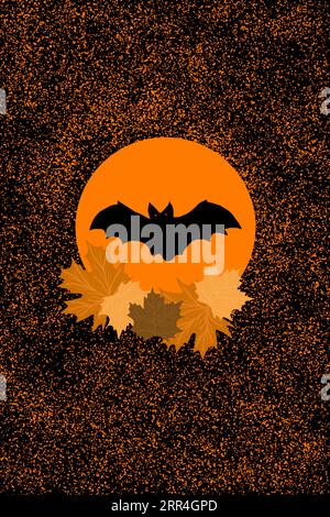 halloween Hintergrund. Schwarze Fledermaus in einer orangefarbenen Kugel und Herbstblätter. Vertikale Abbildung Stockfoto