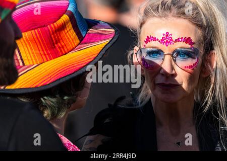 Eine Frau mittleren Alters mit Schattierungen und pinken Schmuckstücken auf ihrem Gesicht beim Green man Festival, Brecon, Wales, Großbritannien, 2023. Foto: Rob Watkins Stockfoto