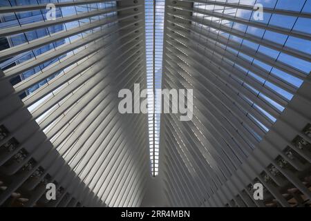 New York, USA - 22. Juli 2023: Die Decke des Bahnhofshauses Oculus im World Trade Center Complex, New York City. Stockfoto