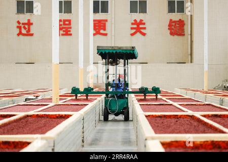 201212 -- CHENGDU, 12. Dezember 2020 -- Ein Arbeiter verarbeitet Bohnenpaste in einer Fabrik der Dandan Pixian Bean Paste Group Co., Ltd. Im Bezirk Pidu von Chengdu, südwestchinesische Provinz Sichuan, 11. Dezember 2020. Pixische Bohnenpaste, ein Gewürz mit Hauptbestandteilen wie roter Pfeffer, breite Bohnen, Weizenmehl und Salz, wird charakteristisch in der Sichuan-Küche verwendet. Die Technik der Herstellung von pixischen Bohnenpaste wurde 2008 als nationales immaterielles Kulturerbe aufgeführt. Bis Freitag um 18.00 Uhr hatte Chengdu, Hauptstadt der Provinz Sichuan, zehn bestätigte COVID-19-Fälle und zwei asymptomatische Fälle in t gemeldet Stockfoto