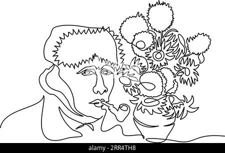 Porträt von Vincent van Gogh mit Sonnenblumen. Durchgängiger einzeiliger Zeichenstil. Minimalistische schwarze lineare Skizze isoliert auf weißem Hintergrund. Vect Stock Vektor