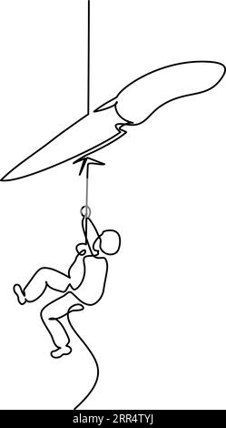 Geschäftskonzept eines Geschäftsmannes, der an einem Seil klettert, während ein riesiges Messer das Seil schneidet. Durchgängiger einzeiliger Zeichenstil. Vektorillustration Stock Vektor