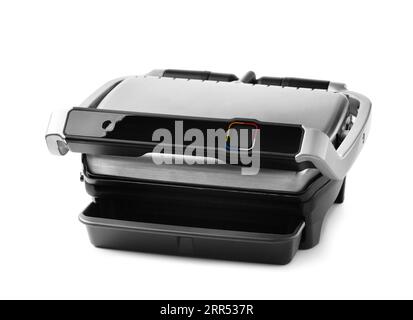 Moderner elektrischer Grill mit Touchscreen, herausnehmbare, antihaftbeschichtete Bratflächen, isoliert auf weißem Hintergrund. Stockfoto