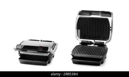 Moderner intelligenter elektrischer Grill mit Touchscreen und Antihaftbeschichtung zum offenen und geschlossenen Braten auf weißem Hintergrund. Stockfoto