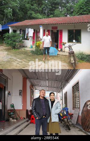 201222 -- HAIKOU, 22. Dez. 2020 -- TOP: Foto aus dem Jahr 2016 zeigt den Dorfbewohner Wang Yongchang, der mit seinem alten Haus im Dorf Baorui im Kreis Qiongzhong in der südchinesischen Provinz Hainan posiert. UNTEN: Foto aufgenommen am 17. Dezember 2020 von zeigt den Dorfbewohner Wang Yongchang und seine Frau, die mit ihrem neuen Zuhause im Dorf Baorui posieren. Besucher werden wahrscheinlich von brandneuen Wohnhäusern und glatten asphaltierten Straßen beeindruckt sein, wenn sie das Dorf Baorui in der Provinz Hainan besuchen. Aber eine solche Szene ist kaum vorstellbar im Jahr 2017, als die Menschen der hier lebenden Li-ethnischen Gruppe meist in Armut steckten und in Lapi lebten Stockfoto