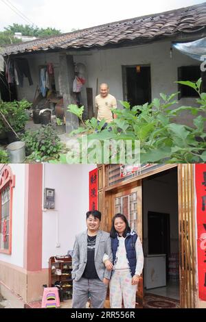 201222 -- HAIKOU, 22. Dez. 2020 -- TOP: Foto aus dem Jahr 2016 zeigt den Dorfbewohner Wang Dechuang, der mit seinem alten Haus im Dorf Baorui im Kreis Qiongzhong in der südchinesischen Provinz Hainan posiert. UNTEN: Foto aufgenommen am 17. Dezember 2020 von zeigt den Dorfbewohner Wang Dechuang und seine Frau, die mit ihrem neuen Zuhause im Dorf Baorui posieren. Besucher werden wahrscheinlich von brandneuen Wohnhäusern und glatten asphaltierten Straßen beeindruckt sein, wenn sie das Dorf Baorui in der Provinz Hainan besuchen. Aber eine solche Szene ist kaum vorstellbar 2017, als die hier lebenden Menschen der Li-ethnischen Gruppe größtenteils in Armut steckten und in Lapida lebten Stockfoto