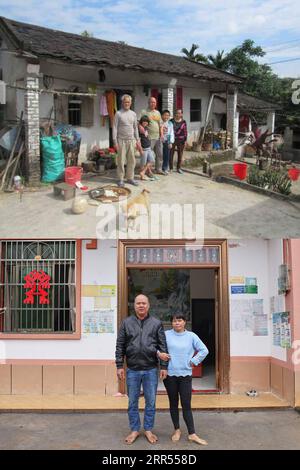 201222 -- HAIKOU, 22. Dez. 2020 -- TOP: Foto aus dem Jahr 2016 zeigt den Dorfbewohner Tan Chuanwu und seine Familienmitglieder, die sich mit ihrem alten Haus im Dorf Baorui im Kreis Qiongzhong in der Provinz Hainan in Südchina posieren. UNTEN: Foto aufgenommen am 17. Dezember 2020 von zeigt den Dorfbewohner Tan Chuanwu L und seine Frau, die mit ihrem neuen Zuhause im Dorf Baorui posieren. Besucher werden wahrscheinlich von brandneuen Wohnhäusern und glatten asphaltierten Straßen beeindruckt sein, wenn sie das Dorf Baorui in der Provinz Hainan besuchen. Aber eine solche Szene ist kaum vorstellbar im Jahr 2017, als die Menschen der Li-ethnischen Gruppe, die hier lebten, größtenteils in Armut und Armut steckten Stockfoto