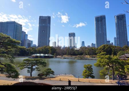 Der Tokyo Tower erhebt sich im Hintergrund dieser malerischen Aussicht auf die Hamarikyu-Gärten, Chūō Ward, Tokio, Japan. – 20. Februar 2020. Stockfoto