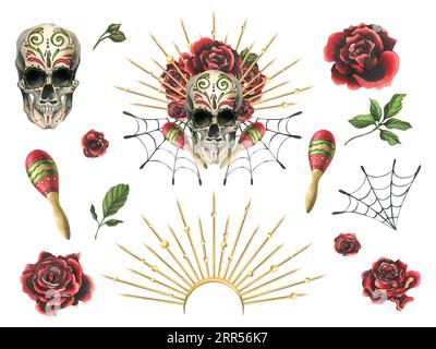 Menschlicher Schädel mit einem Ornament, in einer goldenen Krone mit Rochen, mit roten Rosen, Spinnweben und Maracas. Handgezeichnete Aquarellzeichnung für den Tag der Toten Stockfoto