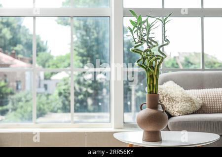 Vase mit grünen Bambusstielen auf dem Tisch in der Nähe des Fensters Stockfoto