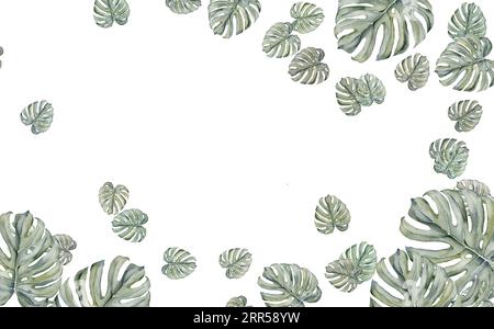 Tropisches Banner aus exotischen Monsterablättern. Paradiesische Pflanzen, Grün und Palmenkarte. Stylischer Moderahmen. Bei Sonnenuntergang. Hochzeitsdesign Stockfoto