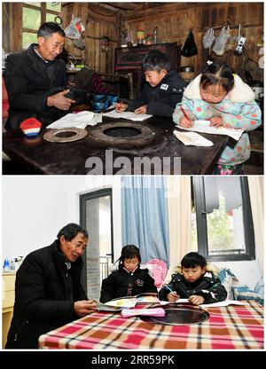 201229 -- BIJIE, 29. Dezember 2020 -- Kombo-Foto zeigt Li Changde und seine Enkelkinder in ihrem alten Haus im Dorf Hetou der Gemeinde Sanyuan im Dafang County, Provinz Guizhou im Südwesten Chinas, am 13. Dezember, 2018 TOP und die drei in ihrem neuen Zuhause in einer neu errichteten Gemeinde zur Armutsbekämpfung am 23. Dezember 2020 in der alten Gemeinde Shexiang im Dafang County. Li Siyu, 8, und seine 6-jährige Schwester Li Qingyi, lebten früher im Dorf Hetou als Mitglieder eines armutsgeplagten Haushalts. Sie mussten jeden Tag fast eine Stunde zur Schule laufen. Ihre Eltern arbeiteten in anderen Städten und Stockfoto