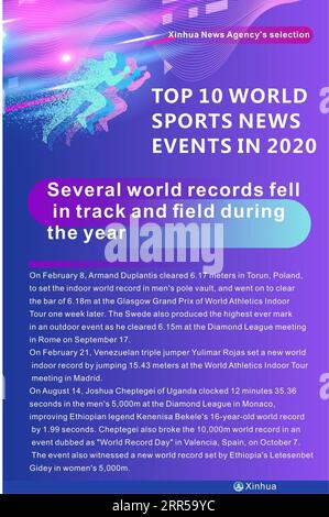 201228 -- PEKING, 28. Dezember 2020 -- dieses Diagramm zeigt, dass mehrere Weltrekorde im Laufe des Jahres trotz der Unterbrechung des Kalenders 2020 in Spur und Feld gefallen sind. TOP 10 WORLD SPORTS NEWS EVENTS IN 2020 TOP 10 WORLD SPORTS NEWS EVENTS IN 2020 MENGXLIJING PUBLICATIONXNOTXINXCHN Stockfoto