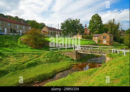 Hutton le Hole ist ein malerisches Dorf im North Yorkshire National Park, in dessen Zentrum die Fairy Call Beck verläuft. Stockfoto