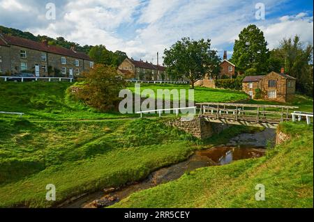 Hutton le Hole ist ein malerisches Dorf im North Yorkshire National Park, in dessen Zentrum die Fairy Call Beck verläuft. Stockfoto