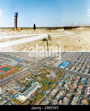 210105 -- YINCHUAN, 5. Januar 2021 -- Combo-Foto zeigt eine Ansicht der Minning Township während der ersten Bauzeit Top, Datei Foto, und eine Luftaufnahme der Yuanlong Village of Minning Township in Yinchuan, Nordwestchina Ningxia Hui Autonomous Region Foto aufgenommen am 11. November 2020 von . Xihaigu, eines der ärmsten Gebiete Chinas in Ningxia, wurde am 16. November 2020 von der nationalen Armutsliste gestrichen. Mehr als 60.000 Bauern in Xihaigu wurden in die Minning Township umgesiedelt, die von einer Stadt in der Wüste Gobi zu einer modernisierten ökologischen Re umgebaut wurde Stockfoto