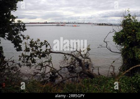 BLICK ÜBER SOUTHAMPTON WATER VOM KÜSTENPFAD BEI WARSASH, HAMPSHIRE PIC MIKE WALKER 2023 Stockfoto