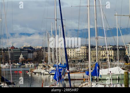 Yachten und Segelboote auf dem Genfer See Stockfoto