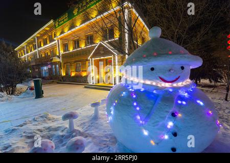 210113 -- MOHE, 13. Januar 2021 -- Foto aufgenommen am 12. Januar 2021 zeigt das nördlichste Postamt im Dorf Beiji der Stadt Mohe in der nordöstlichen chinesischen Provinz Heilongjiang. Das Dorf Beiji in Mohe City, der nördlichsten Stadt Chinas, konnte sich bis 2007 nur auf kleine Dieselgeneratoren für die Stromversorgung verlassen. Nach dem Anschluss an das staatliche Stromnetz errichtete Beiji Village die nördlichste Stromversorgungsstation Chinas, die Beiji Power Supply Station. Direktor LYU Jiansheng und Zählerleser Wang Shaoting sind die einzigen zwei Mitarbeiter der Station, die für mehr als 20 Kilometer OVE verantwortlich ist Stockfoto