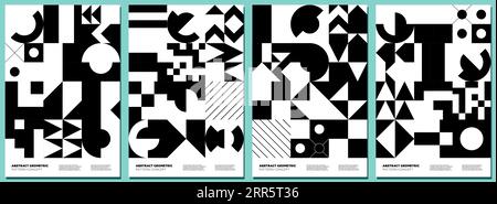 Abstraktes Poster-Set mit geometrischen Formen im bauhaus-Stil. Memphis Elements Hintergrundkollektion. Moderne, trendige Formen Gemälde. Retro-Schwarzweiß-Grafikmuster. Vintage Simple eps Prints Stock Vektor