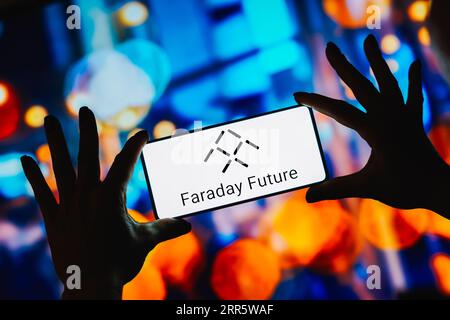 Brasilien. September 2023. In dieser Abbildung wird das Faraday Future-Logo auf einem Smartphone-Bildschirm angezeigt. (Bild: © Rafael Henrique/SOPA Images via ZUMA Press Wire) NUR REDAKTIONELLE VERWENDUNG! Nicht für kommerzielle ZWECKE! Stockfoto