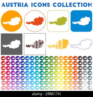 Österreich Icons Kollektion. Bunte, trendige Kartensymbole. Modernes Österreich-Abzeichen mit Länderkarte. Vektorabbildung. Stock Vektor