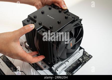 Installieren eines BE Quiet CPU-Kühlers Dark Rock Pro 4 auf der Hauptplatine. Stockfoto