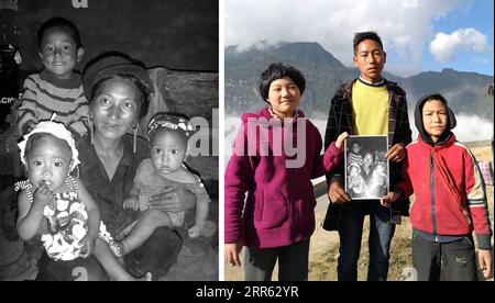 210123 -- BUTUO, 23. Januar 2021 -- LINKS: Jiji Moerzuo 1. L, dann ein 18 Monate altes Baby, wird mit ihrer Mutter und zwei Cousins im Dorf Abuluoha, Butuo County, südwestchinesische Provinz Sichuan, am 12. Juli 2008 abgebildet. RECHTS: Jiji Moerzuo 1st L und ihre Cousins Jiji Eqie C und Jiji Ela posieren mit dem Foto, das sie mit Moerzuos verstorbener Mutter am 25. Dezember 2020 machten. Abuluoha, ein Dorf umgeben von Bergen und Klippen, liegt in einem Flusstal etwa 60 Kilometer vom Butuo County in der südwestlichen chinesischen Provinz Sichuan. Wie der Name in der Muttersprache Yi besagt, war das Dorf einst ein Ort in der Nähe Stockfoto