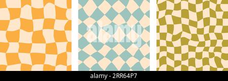 Nahtloses, grooviges Schachbretthintergrundset. Die sich wiederholende Kollektion im Retro-Stil mit gewelltem Karomuster. Vintage psychedelische verzerrte Gingham-Tapeten. Verdrehter Käfig im Stil der 60er und 70er Jahre. Vektorpaket Stock Vektor